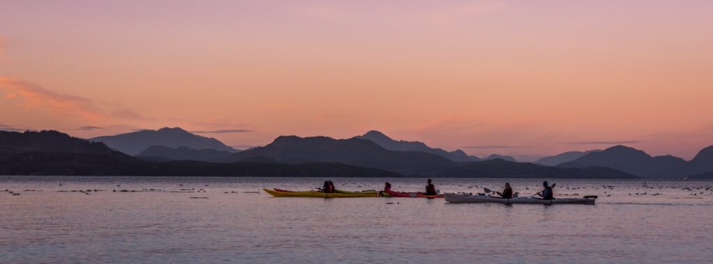 a group of people in canoes paddling on the water