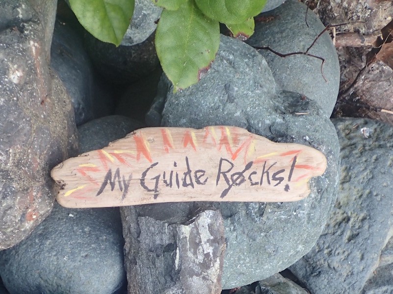 a wooden sign that says my guide rocks