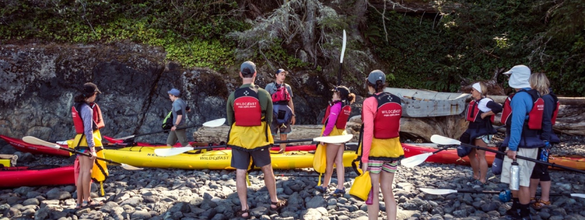 a group of people standing on top of a rocky beach