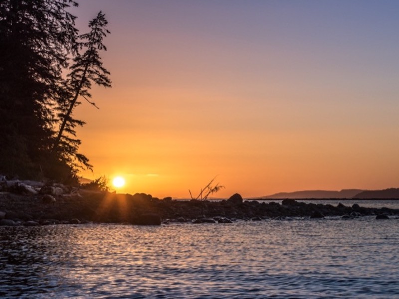 the sun is setting over the water near some trees