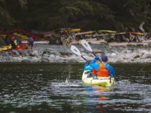 2 people in blue coats with red lifejackets paddling a yellow double kayak towards a rocky beach.