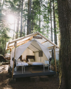 White glamping tent with 2 beds set in green forest.