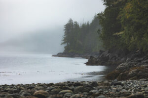 Coastal Shoreline with misty clouds and calm ocean,