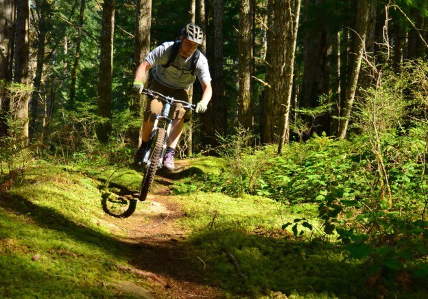 a man riding a mountain bike down a forest trail