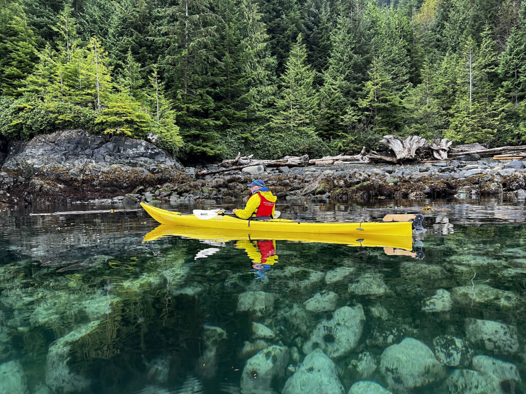 a person in a yellow kayak on the water