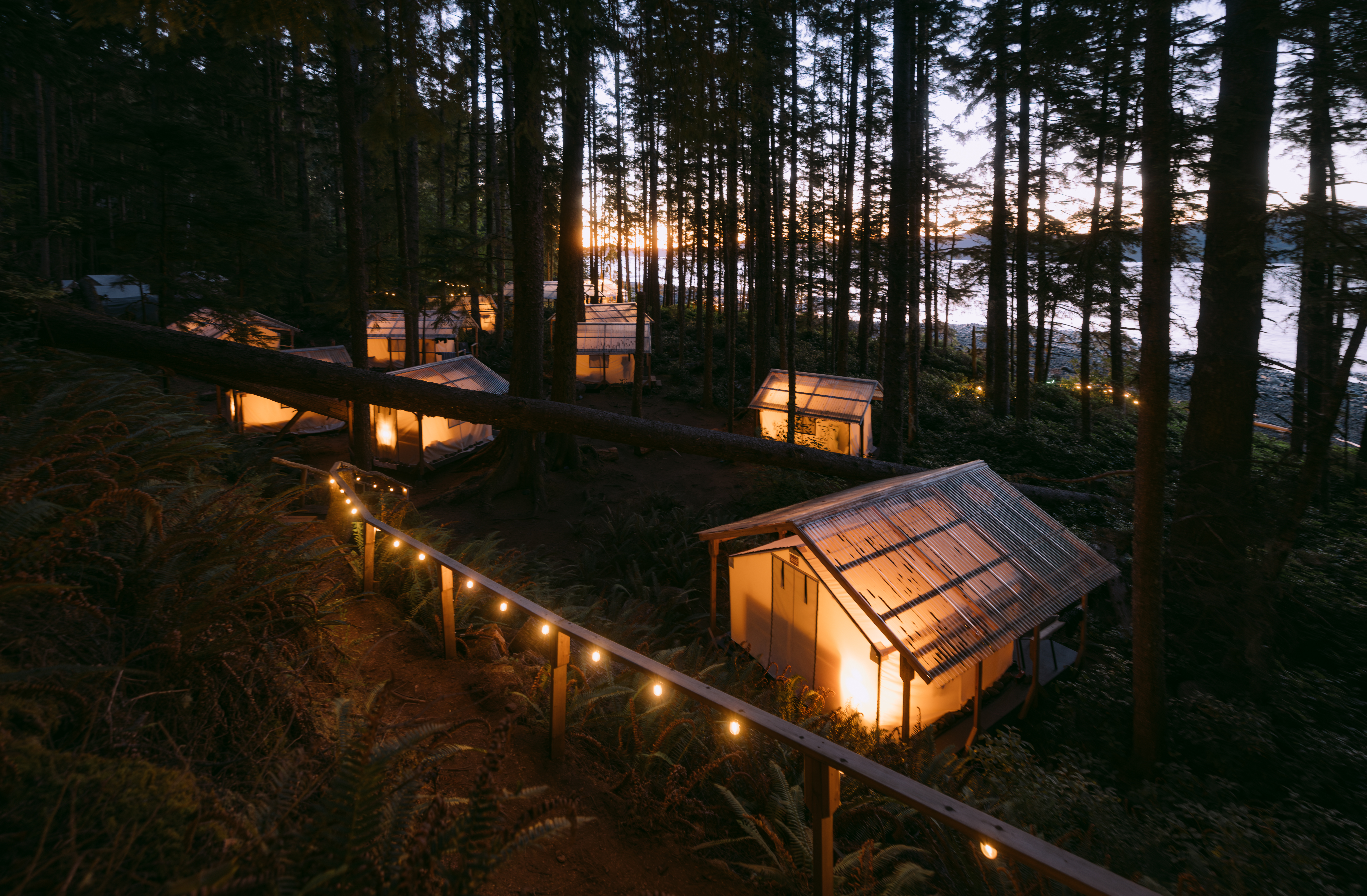 Glamping Tents at Orca Camp at night