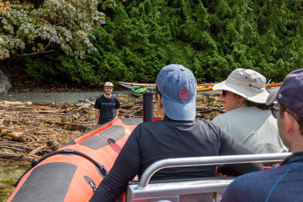 Guests arriving by zodiac at a beach where their kayak guide waits with the kayaks