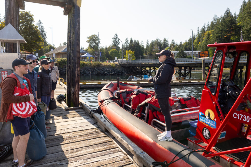 Guests boarding the zodiac at the dock for the wildlife boat tour