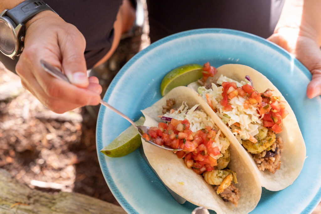 Fresh fish tacos served at camp on a Wildcoast kayaking expedition