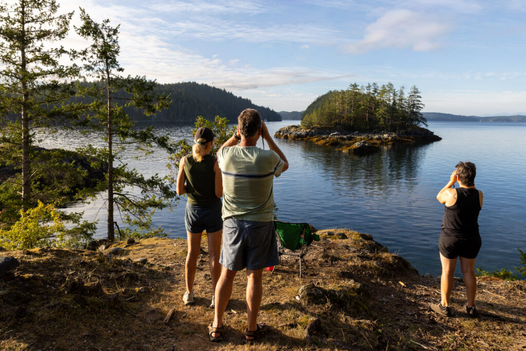 Guests taking in the view from a rocky bluff over a forested island